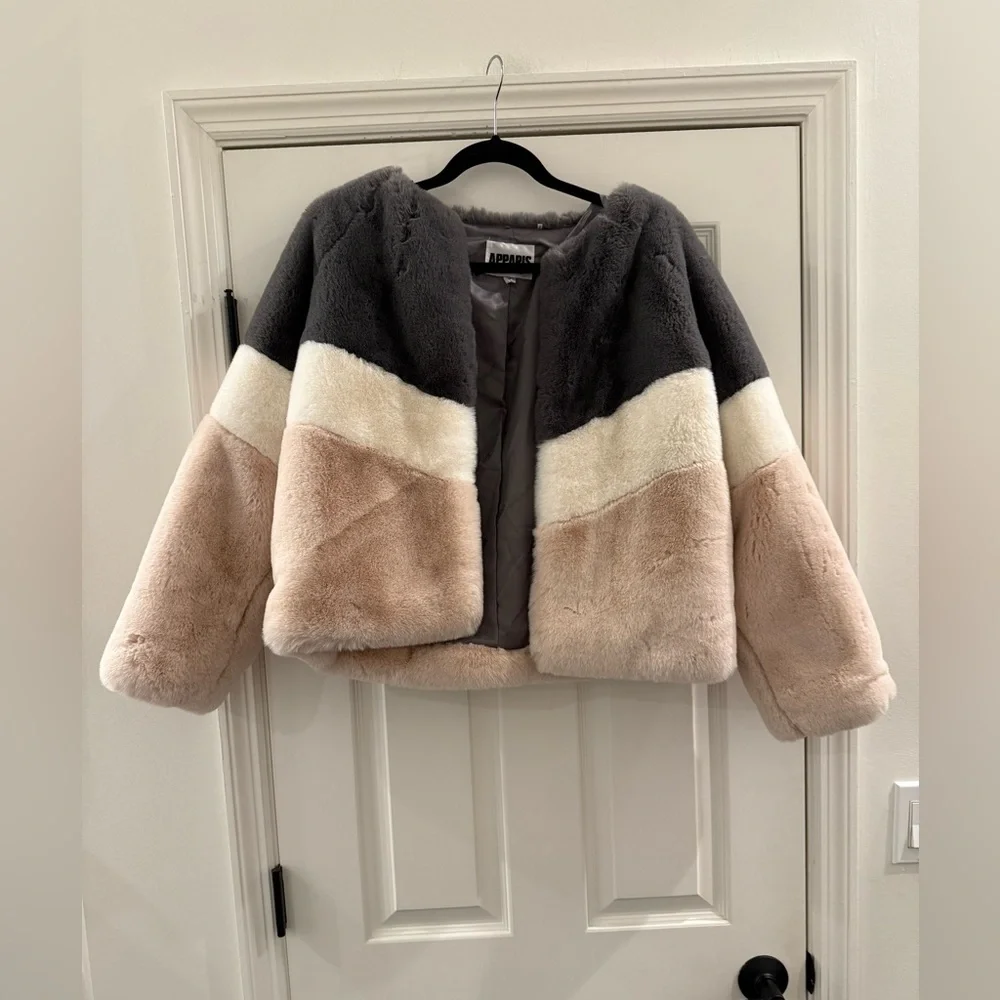 Apparis Brigitte Colorblock Faux Fur Jacket Coat In Grey Pink White Small - Picture 2 of 6